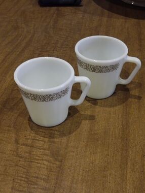 Pyrex White Ceramic Mugs with Brown Floral Band - Set of 2